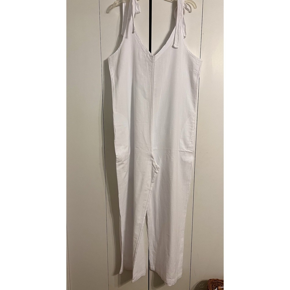 White Cotton Gauze Wide Leg Jumpsuit Tie Strap Beach Resort Coastal L XL